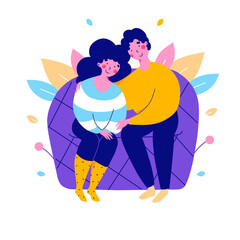 Cartoon lovers on couch couple, flat vector illustration.