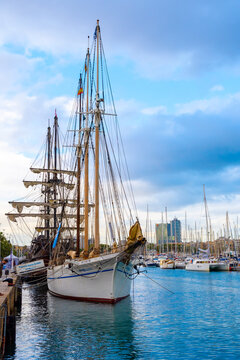 Barcelona, Spain. The schooner Santa Eulalia ship docked in Moll de la Fusta quay at Maritime Museum (Museu Maritim). A restored historical sailing vessel with a 3 mast/ masted rig.