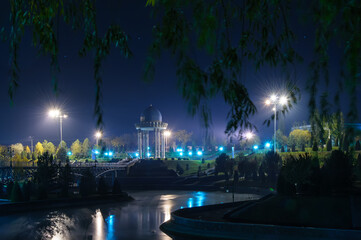 Uzbekistan. Night Tashkent. Area for victims of repression. Xotira maydoni. TV tower