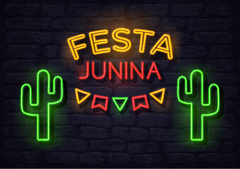 Obraz premium Festa Junina Brazil june festival neon holiday banner, glow greeting card. Fertility festival in Latin America. Vector illustration