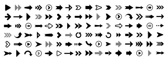 Fototapeta na wymiar Black Arrows Set on White Background. Arrow, Cursor Icon. Vector Pointers Collection. Back, Next Web Page Sign. 