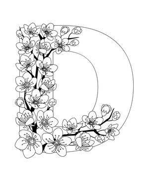 Capital letter D patterned with contour drawn sakura twig