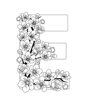Capital letter E patterned with contour drawn sakura twig