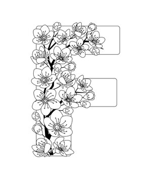 Capital letter F patterned with contour drawn sakura twig