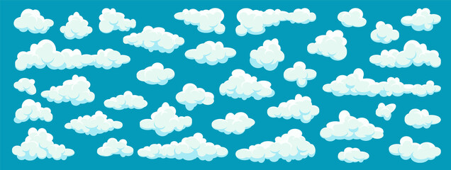 White clouds set. Abstract blue summer sky. Simple cartoon cloud. Vector illustration.