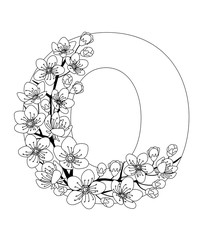 Capital letter O patterned with contour drawn sakura twig