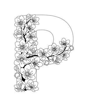 Capital letter P patterned with contour drawn sakura twig