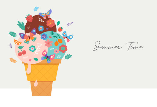 Summer scene with ice cream cone, sundae with flowers, fruits and butterflies 