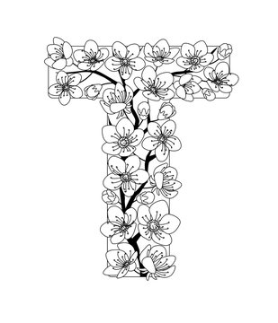 Capital letter T patterned with contour drawn sakura twig