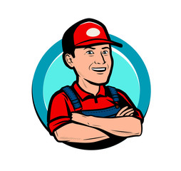 Service logo or label. Happy worker cartoon vector illustration