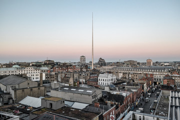 Beautiful panoramic aerial view on the city of Dublin with a spire in the middle.