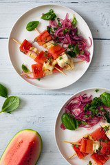 Grilled halloumi cheese and watermelon skewers
