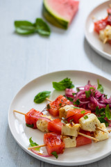 Grilled halloumi cheese and watermelon skewers