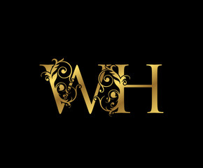 Classy Gold letter W, H and WH  Vintage decorative ornament emblem badge, wedding logo, classy letter logo icon.
