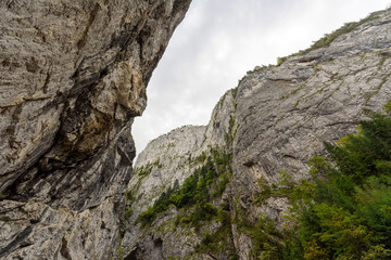 Bottom-up view on the Bicaz Canyon Gorge in the fall season. The canyon is one of the most impressive roads in Romania - the Carpathians. Bicaz Canyon (Cheile Bicazului).