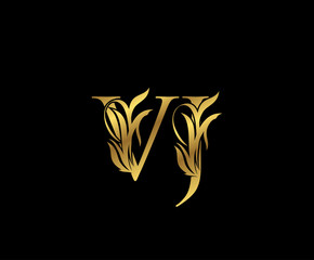 Classy Gold letter V and J, VJ  Vintage decorative ornament emblem badge, wedding logo, classy letter logo icon.