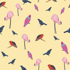 Variety of birds seamless vector pattern. Flamingos, parrots, jackdaws and fodys illustration. Ornithology surface print design. For fabric, stationery, sccrapook, wrapping paper, and packaging.