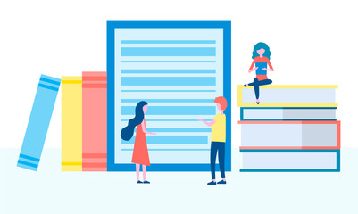 Online library, e-books, digital book store, e-reading, online learning, education concept. People group reading books, Vector illustration in flat design.