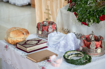 Wedding crowns. The wedding in the Church. Marriage ceremony in a Christian Church.