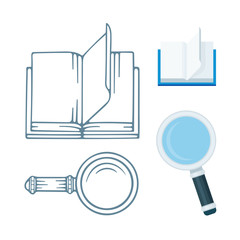 Open book and magnifying glass. Hand drawn and cartoon style blank books and magnifying glass illustrations set on white background. 