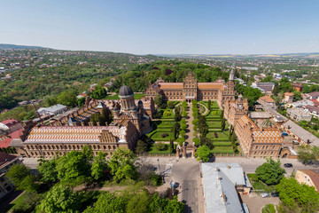 Aerial view of Yury Fedkovych national University in Chernivtsi on a spring day. Travel destinations in Ukraine.