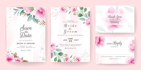 Floral background card. Wedding invitation template set with flowers & glitter decoration for save the date, greeting, poster, and cover design