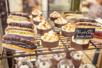 Showcase confectionery. Various delicious sweet desserts
