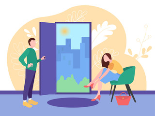 Illustration showing End of Quarantine and Covid-19. Woman and man are happy that Staying home is over. The coronavirus lockdown is over, the family is going to walk at the open door. Cartoon family