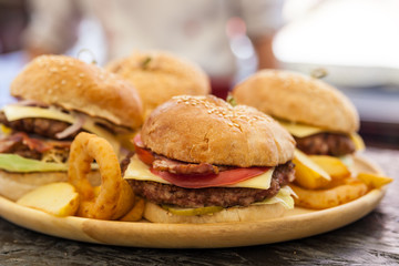 Tasty delicious american burger in a restaurant