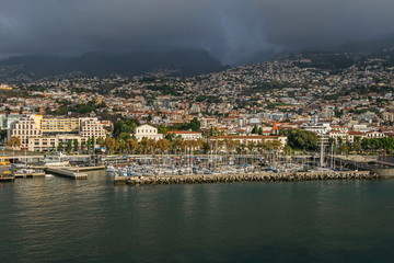  Funchal bay and Avenida do Mar with the buildings of the Marina Shopping and Baltazar Dias Theatre in  Madeira, Portugal