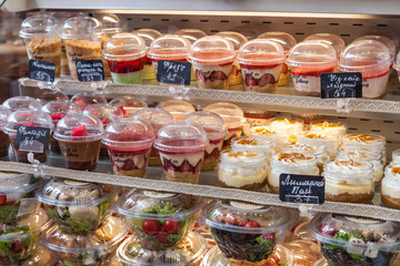 Showcase confectionery. Various delicious sweet desserts