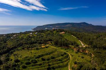 Fototapeta na wymiar Setubal, Portugal - May 8, 2020 - Aerial view of Arrabida Mountain, near Setubal City. Nature area protection. Natural Park.