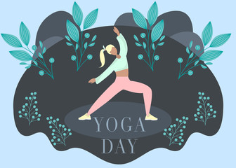 Vector cartoon illustration in modern concept of yoga exercises. Girl practices meditation on nature. Young and happy character meditating in a park. Active and healthy lifestyle concept