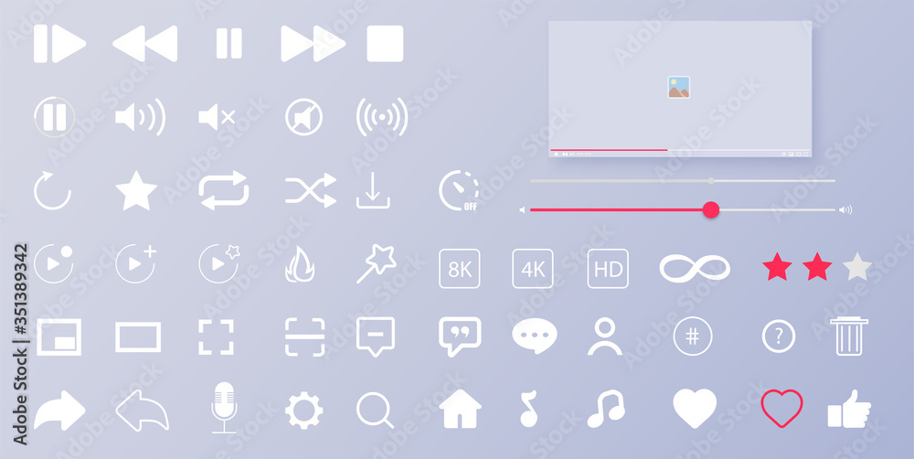 Wall mural interface buttons. mobile ui/ux social speech bubbles. media player icons. modern flat video player 
