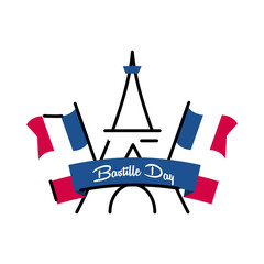 Bastille day eiffel tower with flags line and fill style icon vector design
