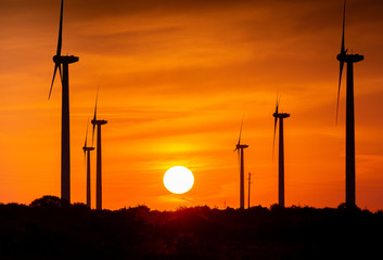 WIND POWER GENERATORS ONSHORE SILHOUETTES WITH SUNSET