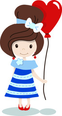 Vector cute  cartoon flat girl wore in a blue dress with a red heart-shaped balloon in her hand