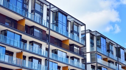 Modern European residential apartment buildings quarter. Abstract architecture, fragment of modern urban geometry.