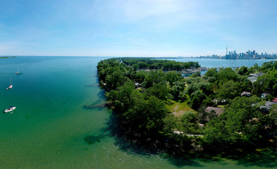 Toronto Central Islands and Ward's Island Park beach, Ontario, Canada, aerial view from top at...