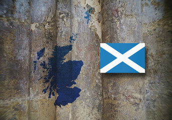Map and flag of Scotland on a wooden background, 3D illustration