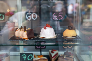 Showcase confectionery. Various delicious sweet desserts
