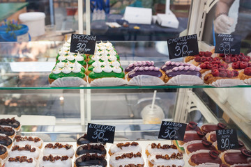 Showcase confectionery. Various delicious sweet desserts
