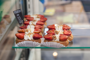 Showcase confectionery. Various delicious sweet desserts

