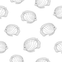 Hand drawn striped fishes on white background. Seamless tropical fauna pattern. Suitable for packaging, textile, coloring book.