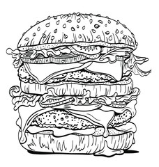 Double burger, contour linear drawing, graphic sketch, coloring book for adults and children, image for menu, poster and other designs.