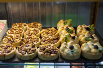 Showcase confectionery. Various delicious sweet desserts