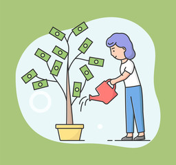 Concept Of Business Investment And Bring Profit. Young Businesswoman Is Watering Money Tree With Water. Successful Business Project Investment Income. Cartoon Linear Outline Flat Vector Illustration