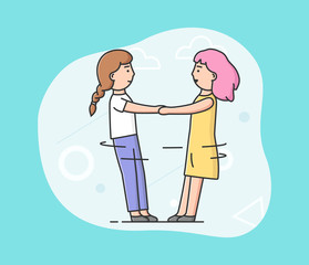 Concept Of Friendship And Back To School. Stylish Smiling Girls Or Teenagers Are Playing Together. Teens Holding Hands And Twirling Or Dancing. Cartoon Linear Outline Flat Style. Vector Illustration