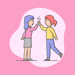 Concept Of Women Friendship, Back To School, Business Communication. Two Women Jump And High-Five Each Other. Friendship And Girls Teamwork. Cartoon Linear Outline Flat Style. Vector Illustration