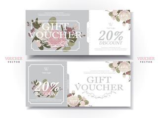 Set of drawing gift vouchers for flowers, gray, pink, white Cute, sweet, vintage style. Suitable for beauty place. Spa.salon.hotel. illustration/Vector